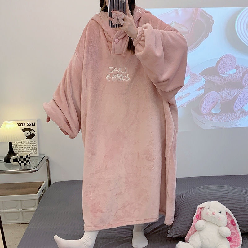 Bộ Đồ Ngủ Một Mảnh Vải Lông Cừu San Hô Dày Dặn Thời Trang Mùa Đông Cho Cặp Đôi