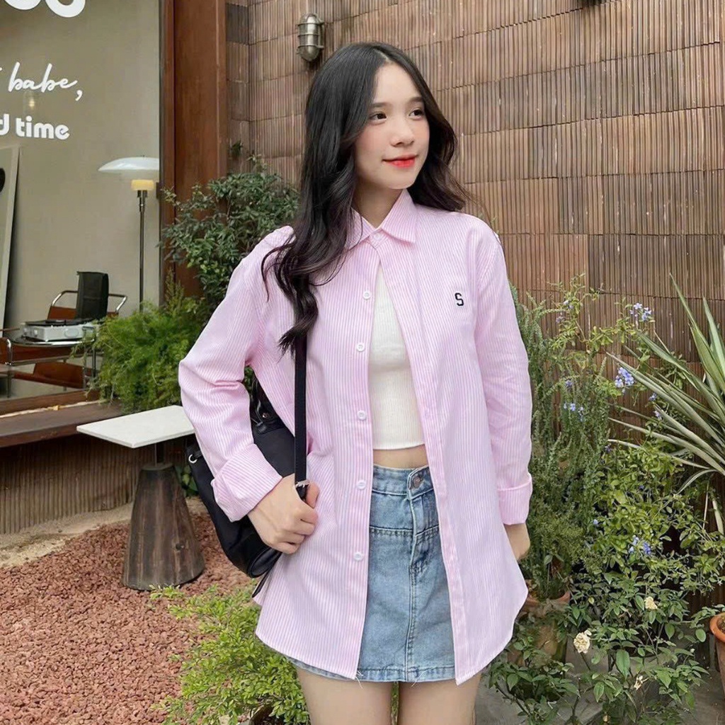 Áo sơ mi nữ dài tay kẻ sọc dáng dài thêu chữ áo kiểu đi học đi chơi ATC0069
