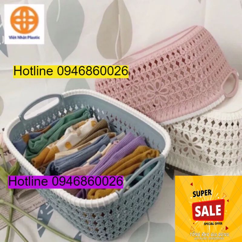 Rổ nhựa giả đan mây có quai cầm Việt Nhật, giỏ hoa 2 size màu pastel xinh xắn