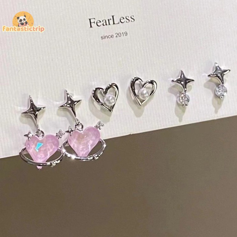 Set 6 Khuyên Tai Kim Loại Dạng Hạt Đá opal Màu Hồng Hình Trái Tim / Thánh Giá / Ngôi Sao Thời Trang Cho Nữ Mới
