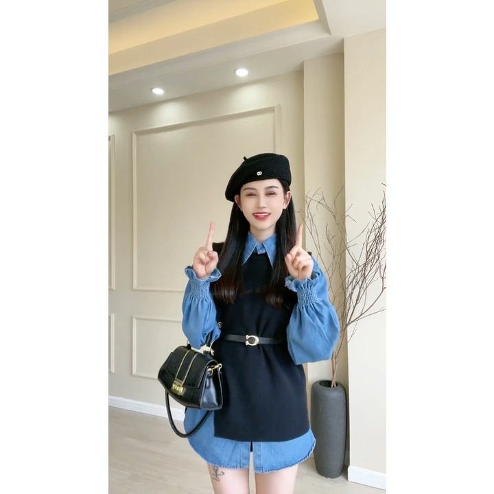 Set sơmi jean xanh kèm gile +quần short đen kèm belt