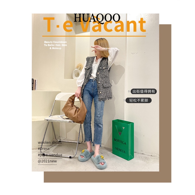 Huaqoo Dép lông nữ đế cao loại đẹp lông mềm mã mới năm 2023 FMR23A0UGG 43Z231025