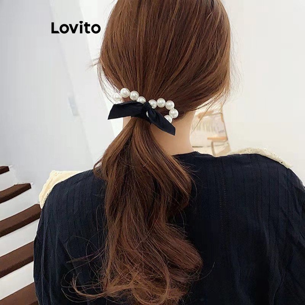 Lovito Dây buộc tóc ngọc trai trơn thông thường cho nữ LNA32332 (Đen)