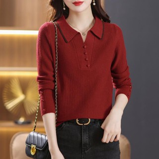 Áo Thun polo Dệt Kim Tay Dài Phong Cách Hàn Quốc Thời Trang Thu Đông Cho Phụ Nữ Trung Niên