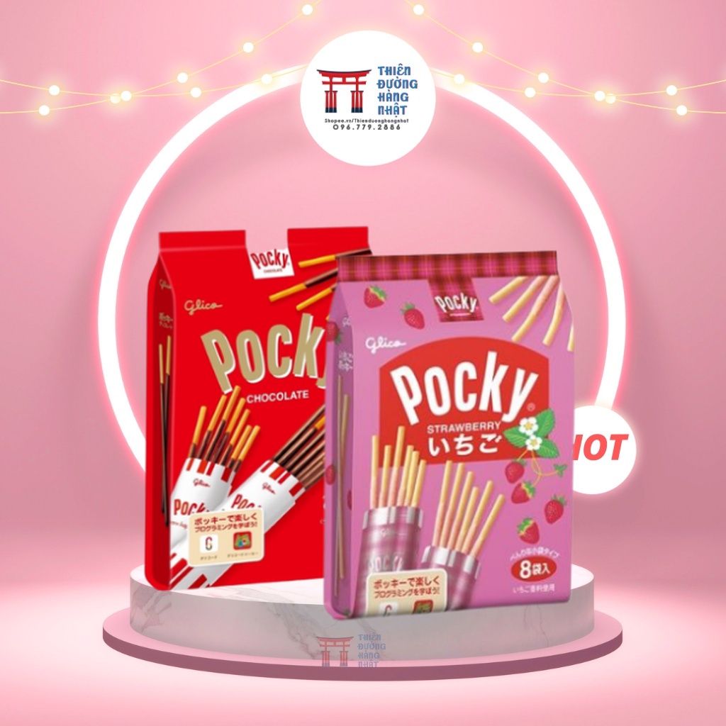 Bánh que Pocky Nhật Bản 2 vị dâu, socola (8 gói nhỏ)