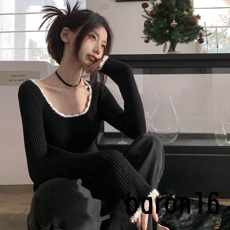 Áo Len Tay Dài Cổ Tròn Phối Màu Thời Trang Vải Dệt Kim Cho Nữ