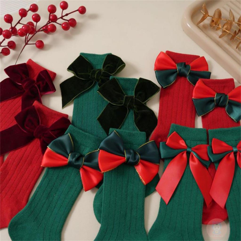 Laa6- Tất Dài Mềm Mại Trang Trí Nơ Giáng Sinh Ngọt Ngào Dễ Thương Cho Bé Gái
