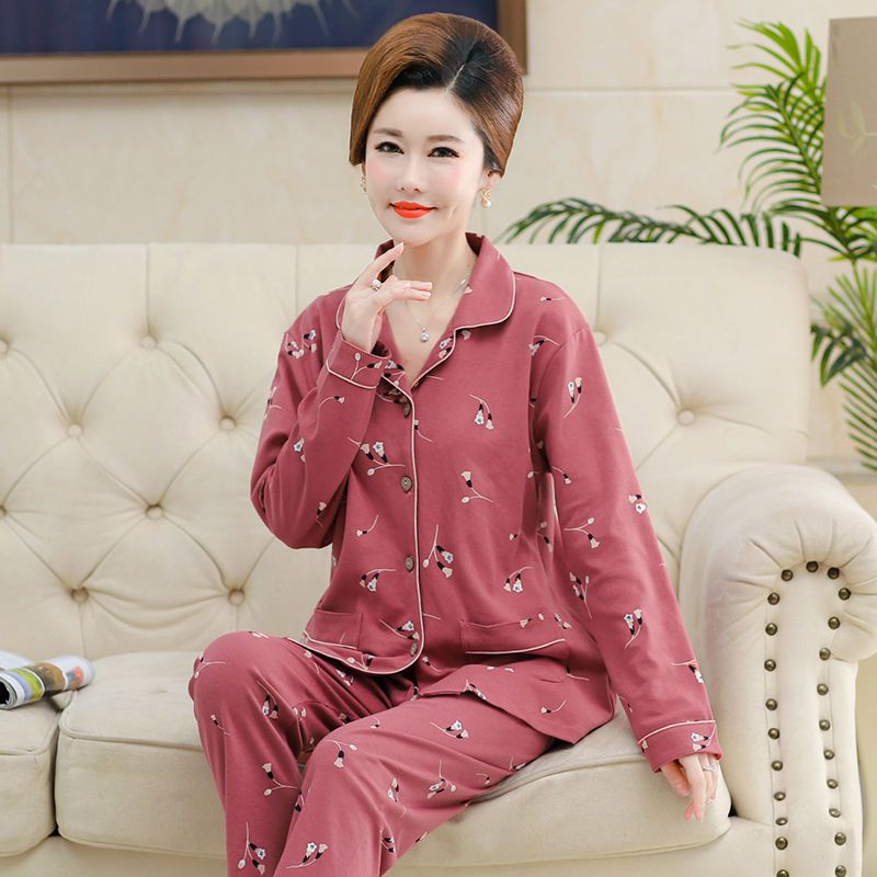 Bộ Đồ Ngủ Tay Dài Chất Liệu cotton Cao Cấp plus size Cho Nữ Trung Niên