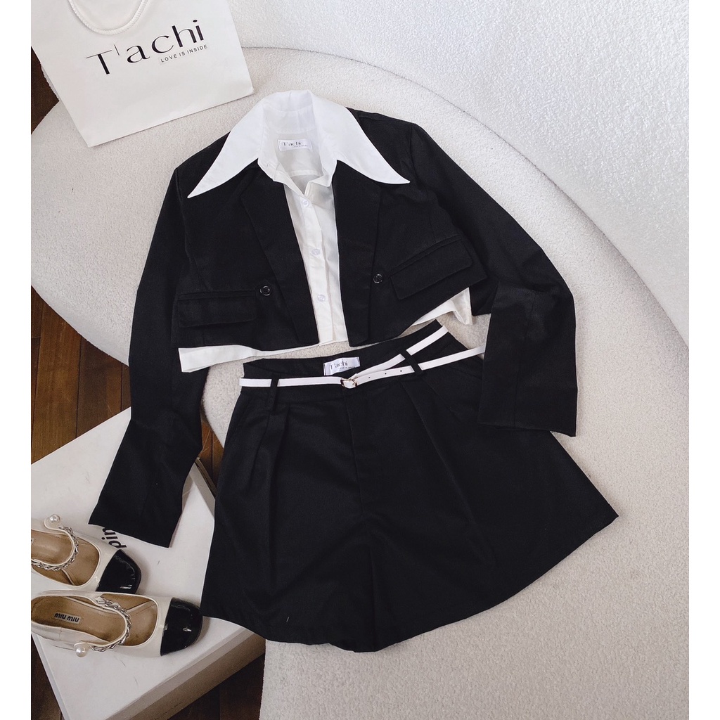 SET KHOÁC ĐEN TAY DÀI +CROPTOP SƠMI TRẮNG + CHÂN VÁY KÈM NỊT