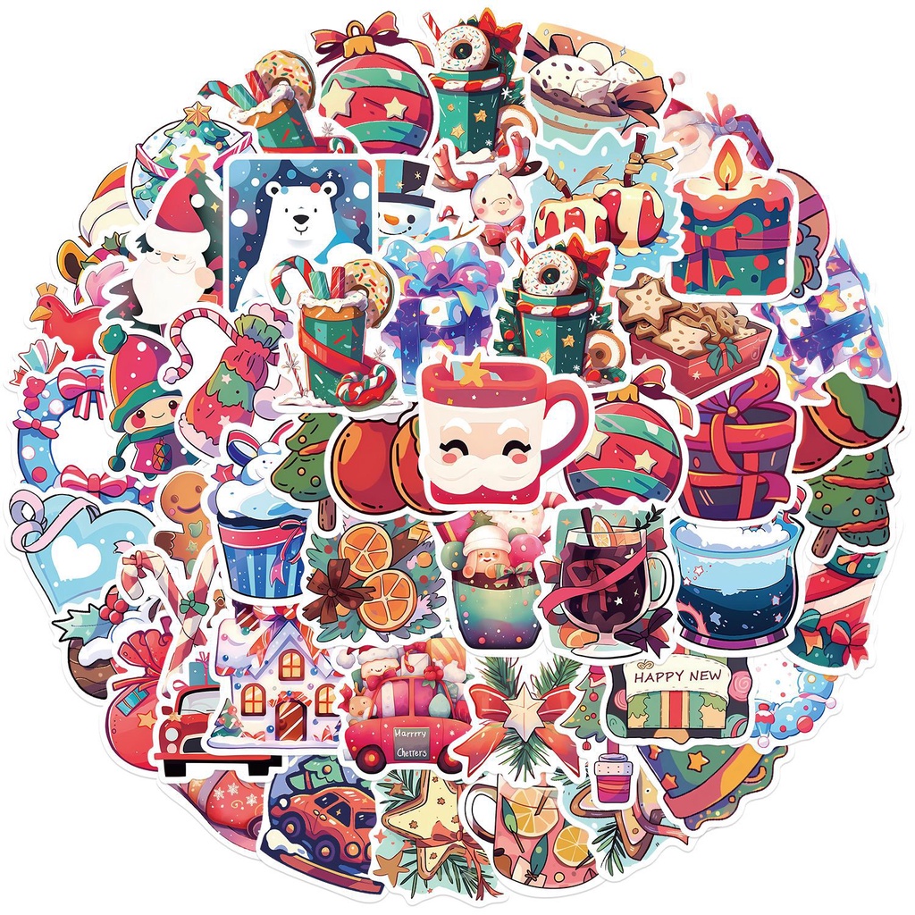 Kts Bộ 50 Miếng Dán Hình Ông Già Noel Chống Thấm Nước Trang Trí Vali / laptop / Tiệc Giáng Sinh diy