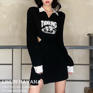 [Có sẵn] [Giá hủy diệt] Đầm Tay Dài Màu Đen Tay Phồng Cổ Sơ Mi Trắng Xẻ V Chữ THINKING Cut-out Lưng Đan Dây