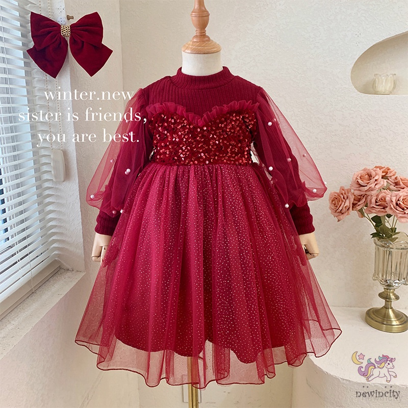 Đầm Công Chúa Phối Lưới Đính Kim Sa Và Ngọc Trai Phong Cách Hàn Quốc Cho Bé Gái