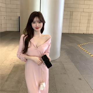 Áo thun nữ dáng dài trễ vai sexy có mũ chùm đầu - Váy nữ dài tay phong cách Hàn Quốc