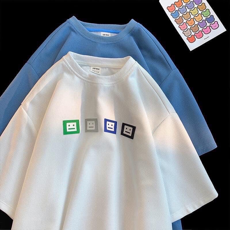 Áo phông logo  mặt cười ô vuông chất tổ ong thêu xịn sò