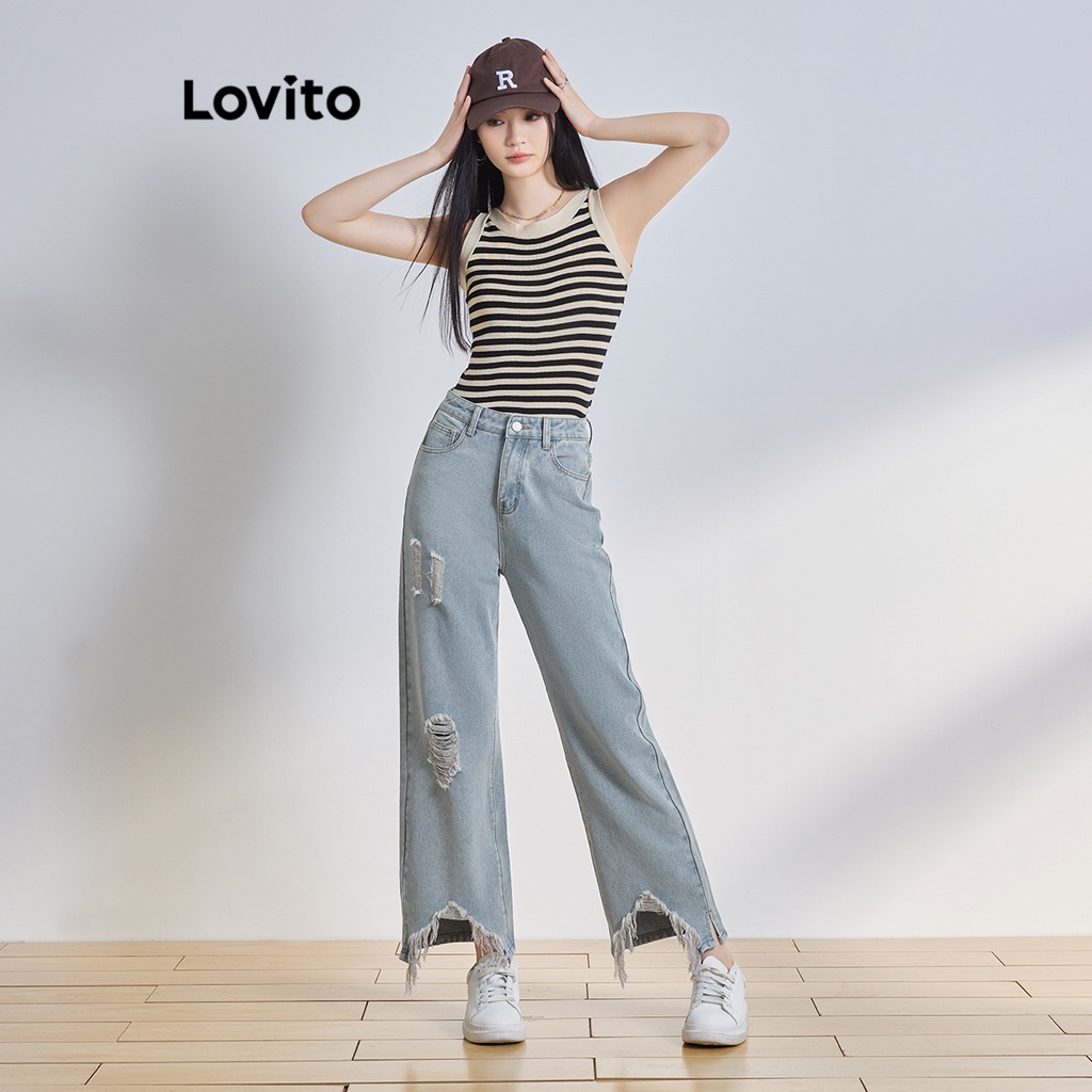 Quần jean Lovito phối khóa kéo màu trơn thường ngày cho nữ L64AD089