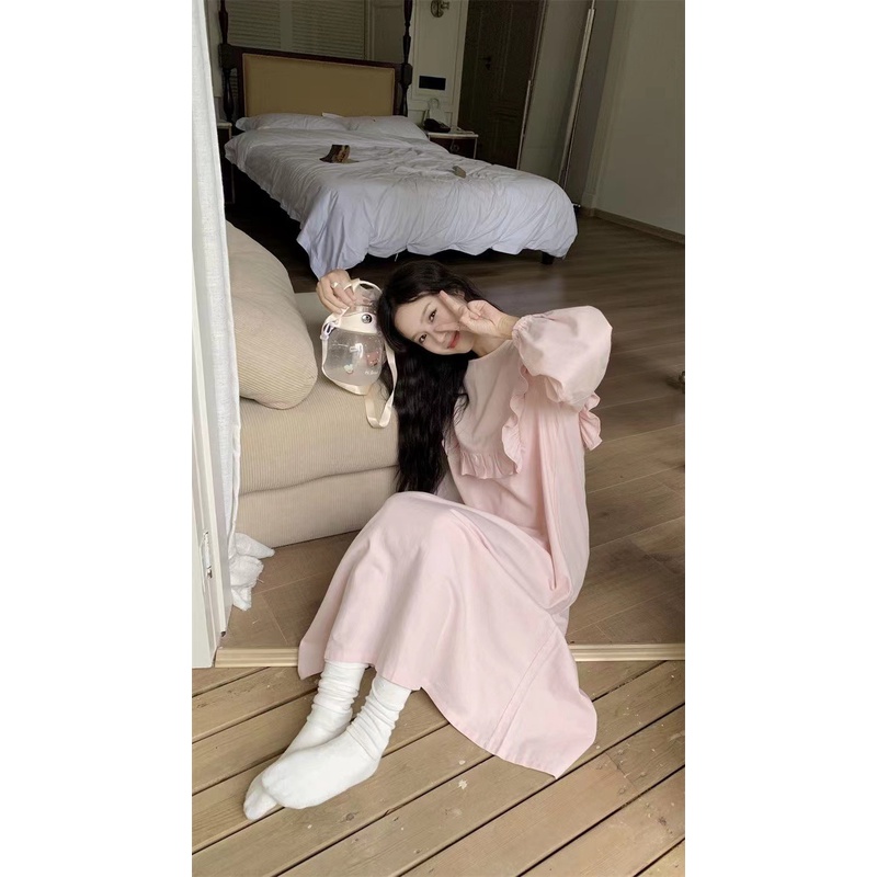 Đầm Ngủ Tay Dài Cổ Tròn Mỏng Nhẹ Màu Sắc Ngọt Ngào Thời Trang Mùa Thu Xinh Xắn Cho Nữ