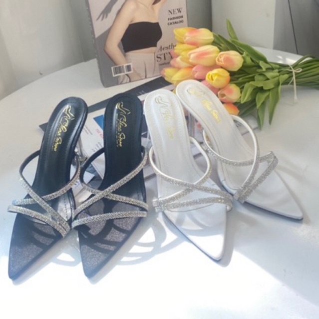 Guốc cao gót mũi nhọn đế cao 9 phân quai đính dây đá chéo VINA STORE mã H186