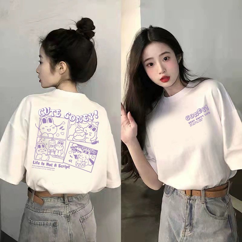Áo thun nữ form rộng Guguno cotton cổ tròn in basic (A)