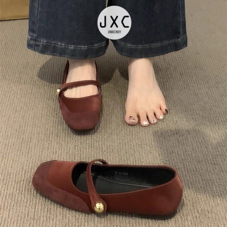 JINxCHOY     Giày Búp Bê Da Lộn Mũi Vuông Đế Thấp Thời Trang retro Cho Nữ