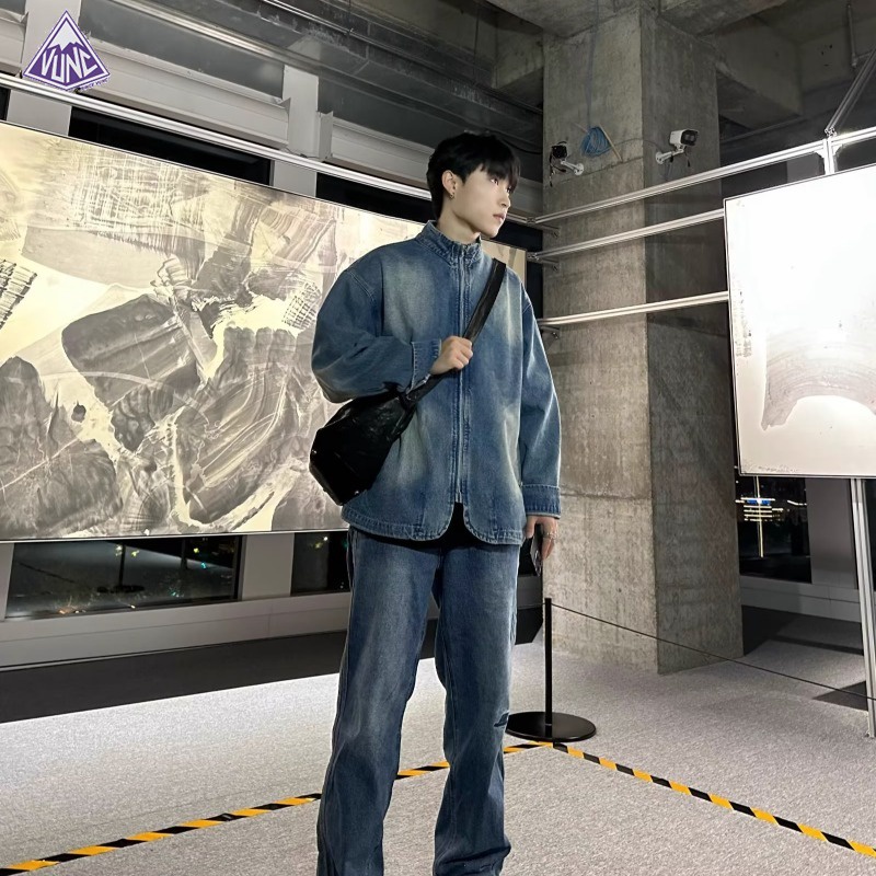 Vunc Áo Khoác denim Dáng Rộng Cổ Đứng Phối Khóa Kéo Phong Cách retro Đường Phố Mỹ Cá Tính Cho Nam