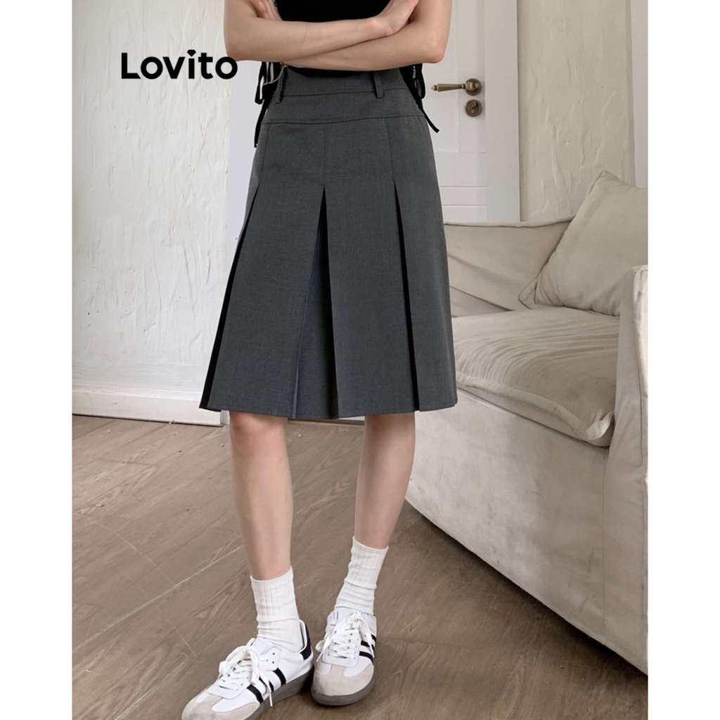 [Mã FADEP2212 giảm 10k đơn từ 99k] Lovito Váy cơ bản xếp li trơn đơn giản cho nữ LNE29157 (Xám)