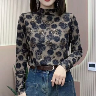 Áo thun tay dài cổ lọ đính đá thời trang mùa thu cho nữ