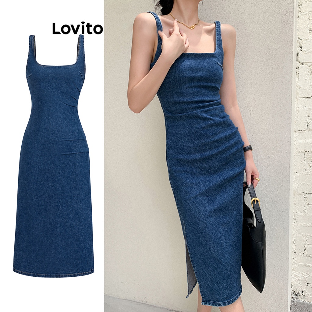 Đầm Lovito set dự tiệc denim xếp nếp xẻ tà màu trơn thường ngày cho nữ L62ED104 (Màu xanh dương)