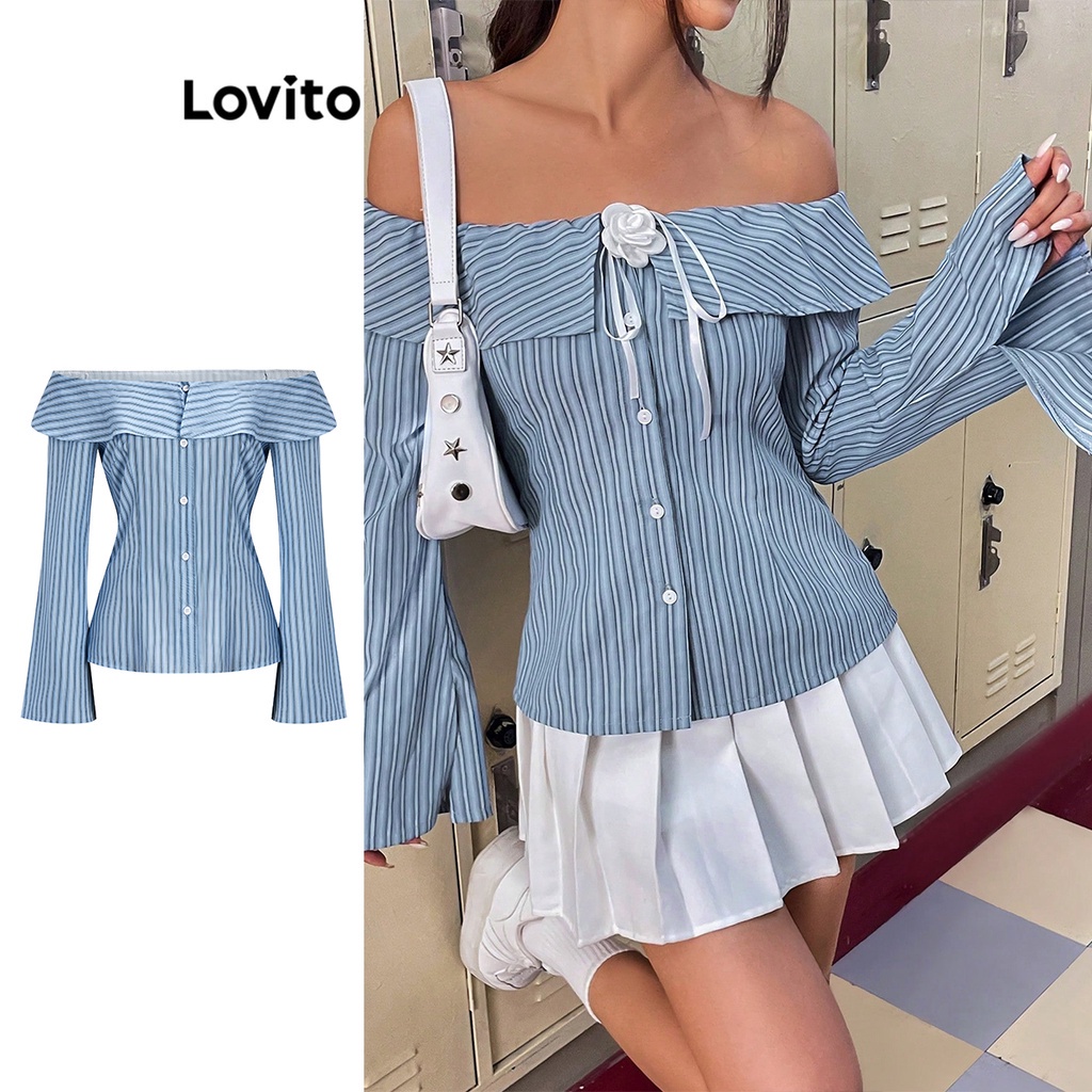 Áo kiểu Lovito xếp nếp phối nút họa tiết kẻ sọc thường ngày cho nữ L61AD024 (màu xanh dương)