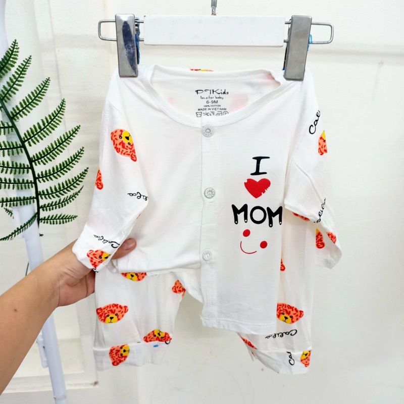 Bộ dài tay cài thẳng trắng hoạ tiết Pjkids chất thun lạnh loại 1 cho bé