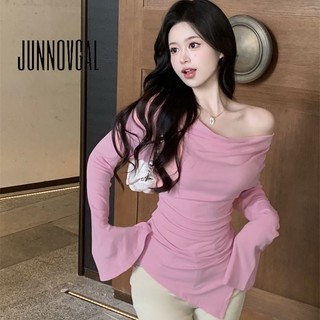 Áo thun nữ JUNNOVGAL Cổ chữ U không đều màu trơn dài tay thời trang Phong cách mới