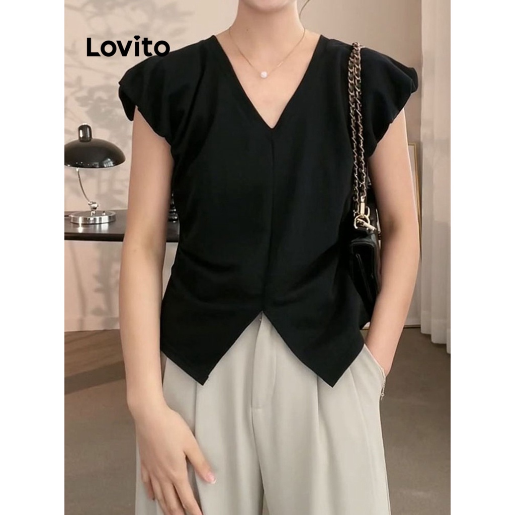 Lovito Áo thun xếp nếp trơn đơn giản dành cho nữ L71ED031