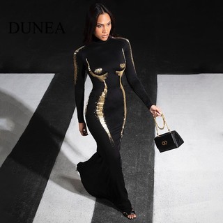 DUNEA Đầm Dài Tay Lưng Cao In Họa Tiết Gợi Cảm Dành Cho Nữ