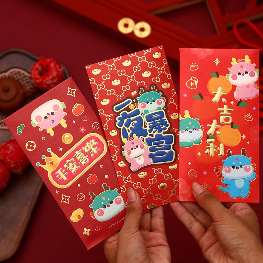 6 Cái/gói 2024 Cny Năm Rồng Dài Angpao Phim Hoạt Hình Phong Bì Màu Đỏ Sáng Tạo Gói Màu Đỏ Phong Bì Màu Đỏ Túi Quà Hongbao