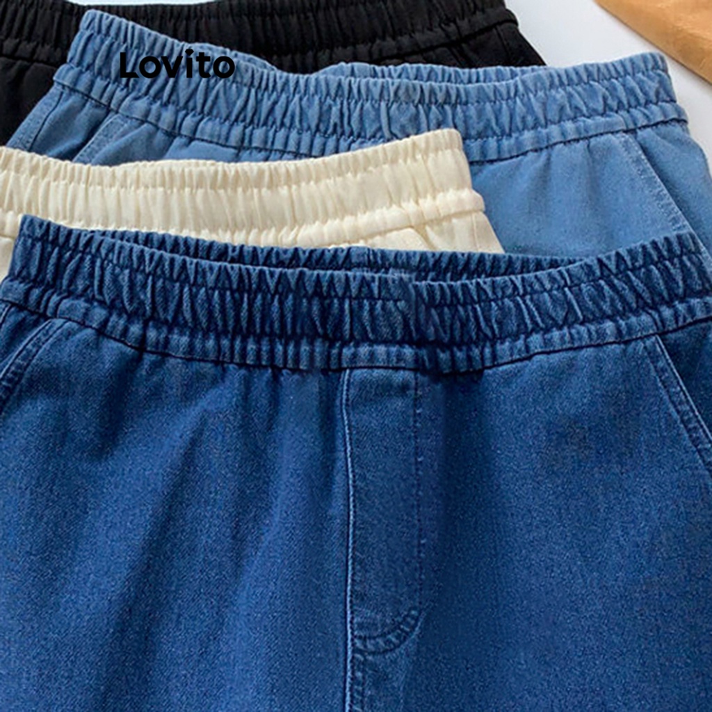 Quần short jean Lovito cột dây màu trơn thường ngày cho nữ LNE17228