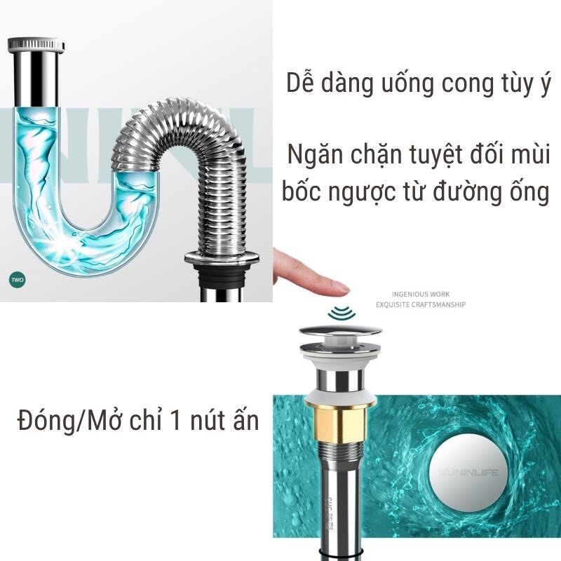 Bộ Xiphong Inox, ống xả chậu rửa mặt, Loại Lật và Nhấn - HDC Store
