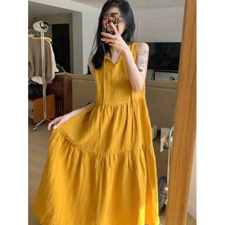 Đầm cotton Dài Không Tay Dáng Rộng Màu Trơn Phong Cách Pháp Thời Trang Mùa Hè Hàng Mới