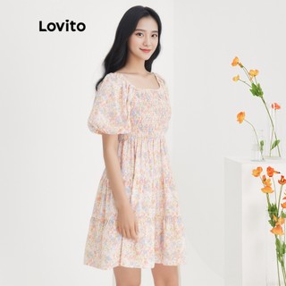 Đầm Lovito cổ vuông tay phồng nhiều tầng xếp ly họa tiết hoa boho cho nữ L51ED142 (màu hồng nhạt)