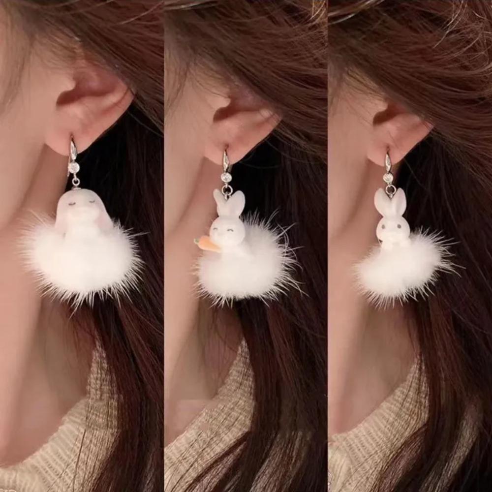 Niuyou Bông Tai Mùa Đông Hình Thỏ Bông Trắng Thả Thỏ Cà Rốt Nhẹ Dễ Thương Làm Quà Tặng Năm Cho Nữ
