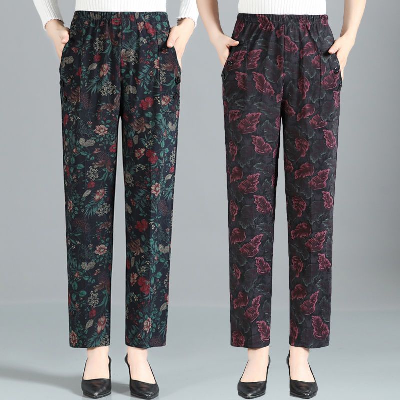 Quần Dài Ống Rộng Lưng Cao Co Giãn Tốt In Họa Tiết Hoa Thời Trang Xuân Thu Cho Nữ Trung Niên