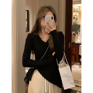 Áo Thun Tay Dài Cổ Chữ v Ôm Dáng Thời Trang Thu Đông Dành Cho Nữ
