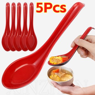 Bộ 1 / 3 / 5 muỗng ăn súp bằng nhựa màu đỏ / đen phong cách nhật bản