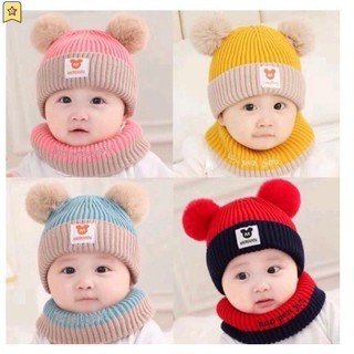 Mũ,nón len 2 quả bông kèm khăn quàng cổ cực ấm cho bé JP3