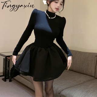 Đầm Dệt Kim Cổ Cao Màu Đen Phong Cách Thời Trang Pháp Dành Cho Nữ