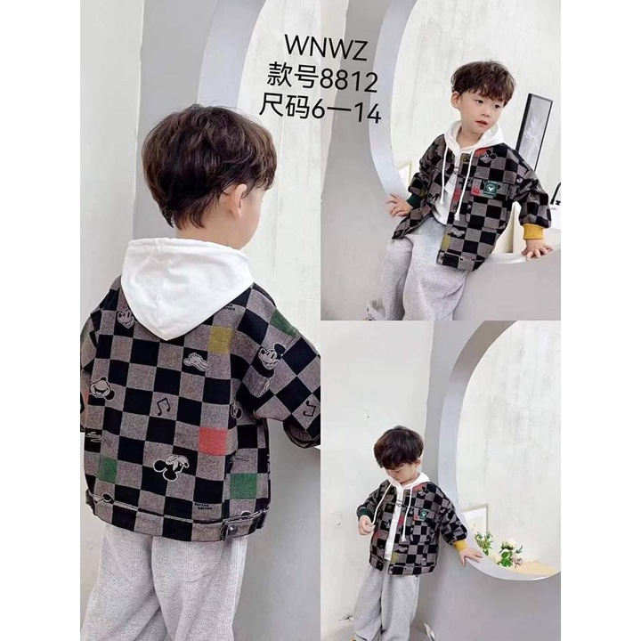 Áo khoác jean bomber bé trai caro đen xám Mickey 1482