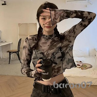 Áo Crop top in họa tiết trừu tượng dành cho nữ dài tay cổ tròn Sheer Mesh Lettuce Trim Áo thun