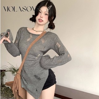 MOLASOME Nữ Màu Trơn Thời Trang Mới Tay Dài Cổ Tròn Dệt Kim Top