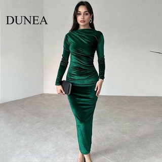DUNEA Đầm Nhung Dáng Dài Xếp Ly Thiết Kế Thanh Lịch Cho Nữ
