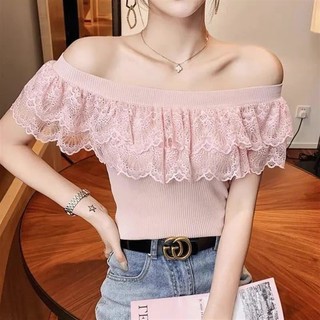 C & M Áo Dệt Kim Trễ Vai Phối Ren Gợi Cảm Phong Cách Mới Mùa Hè Dành Cho Bạn Nữ