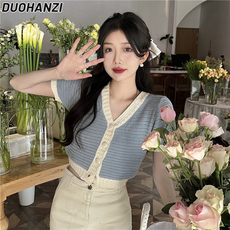 DUOHANZI  Áo Khoác cardigan Ngắn Tay Vải Lụa Mát Mỏng Màu Xanh Dương Thời Trang Dành Cho Nữ