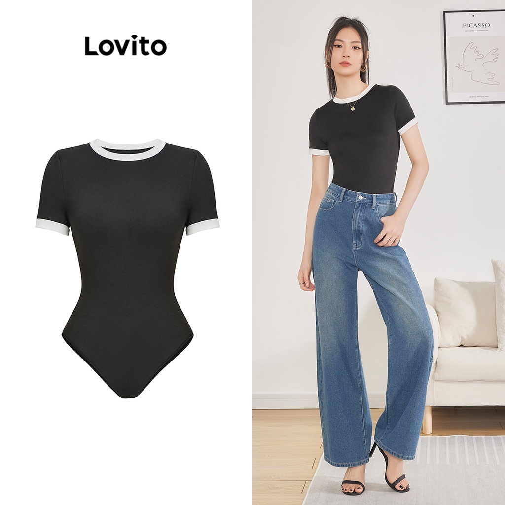 Áo liền quần Lovito phối viền tương phản màu trơn đơn giản thường ngày cho nữ L62ED069 (màu đen)